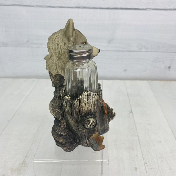 DWK 2011 Animal  Gray Wolf Leaves  Resin Holder w Salt And Pepper Shaker Set 3 - Picture 6 of 16
